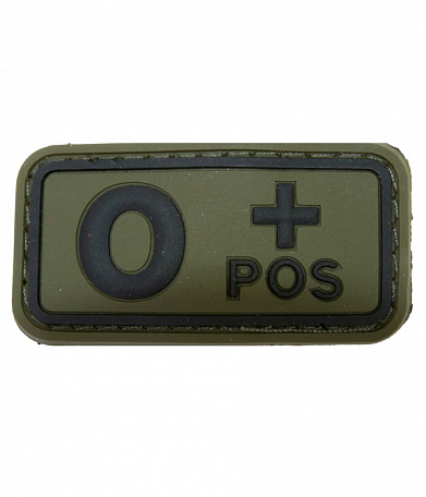 Нашивка PVC/ПВХ с велкро "Группа крови. O POS+", черный на оливе, 50x25мм